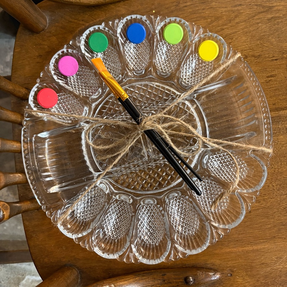 Vintage Repurposed Watercolour Paint Palette Glass Egg Plate Tray With Brushes